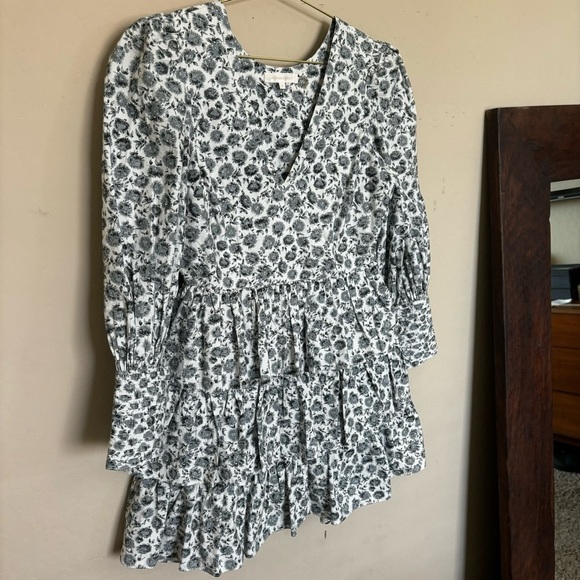 LoveShackFancy Paris Dandelion Print Long Puff Sleeve Ruffle Mini Dress 4 - Picture 7 of 11